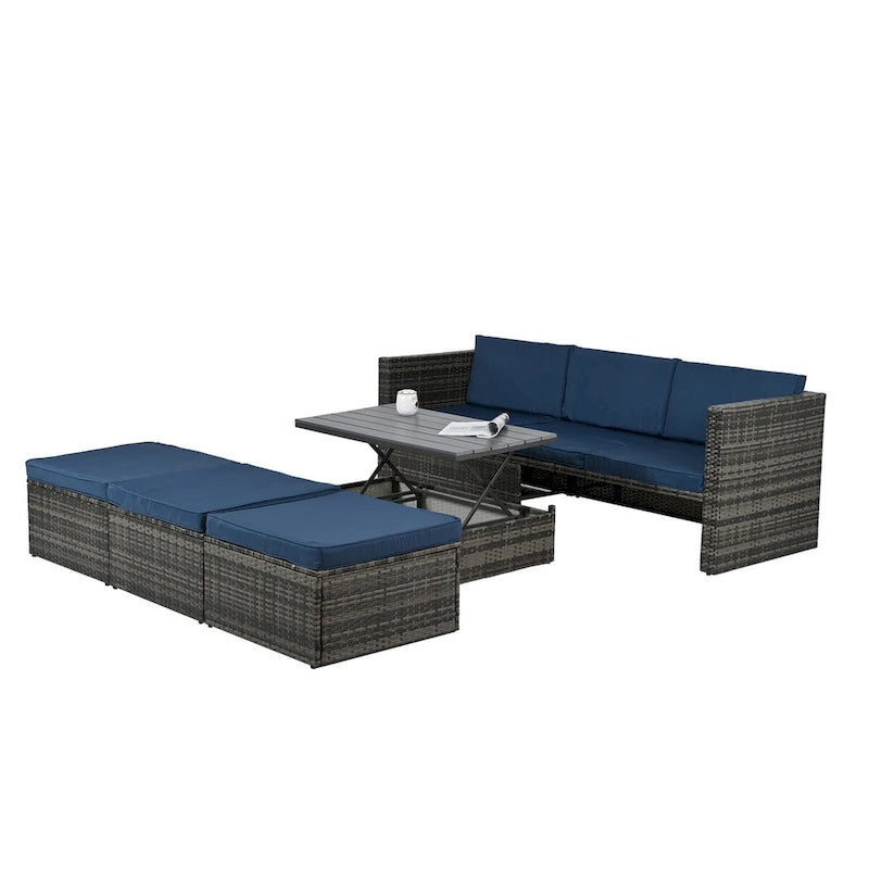 Meubles de jardin de terrasse, meubles en rotin PE saisonniers, ensemble de 5 meubles en rotin, table basse élévatrice en contreplaqué, avec canapé-méridienne