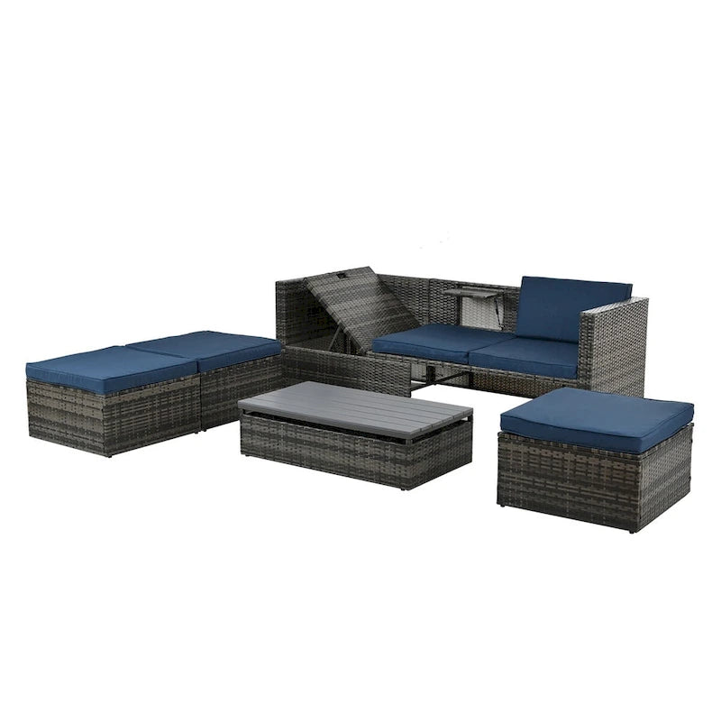 Meubles de jardin de terrasse, meubles en rotin PE saisonniers, ensemble de 5 meubles en rotin, table basse élévatrice en contreplaqué, avec canapé-méridienne