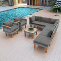 Ensemble de mobilier de jardin en rotin 9 pièces, pieds et plateau en bois d'acacia, rotin PE, table basse, coussin lavable