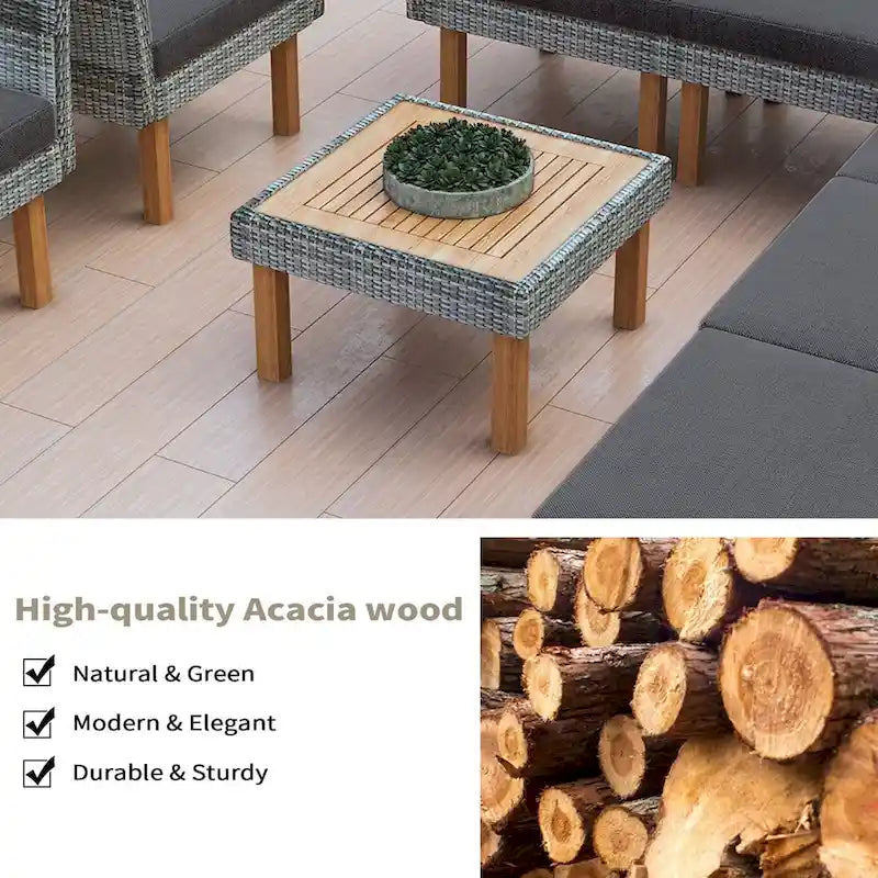 Ensemble de mobilier de jardin en rotin 9 pièces, pieds et plateau en bois d'acacia, rotin PE, table basse, coussin lavable