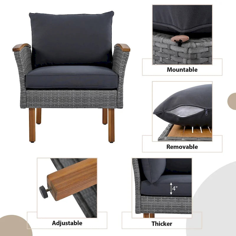Ensemble de mobilier de jardin en rotin 9 pièces, pieds et plateau en bois d'acacia, rotin PE, table basse, coussin lavable