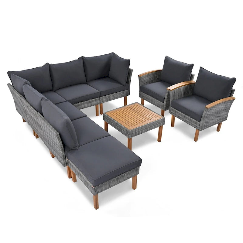 Ensemble de mobilier de jardin en rotin 9 pièces, pieds et plateau en bois d'acacia, rotin PE, table basse, coussin lavable