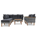 Ensemble de mobilier de jardin en rotin 9 pièces, pieds et plateau en bois d'acacia, rotin PE, table basse, coussin lavable