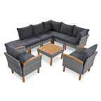 Ensemble de mobilier de jardin en rotin 9 pièces, pieds et plateau en bois d'acacia, rotin PE, table basse, coussin lavable