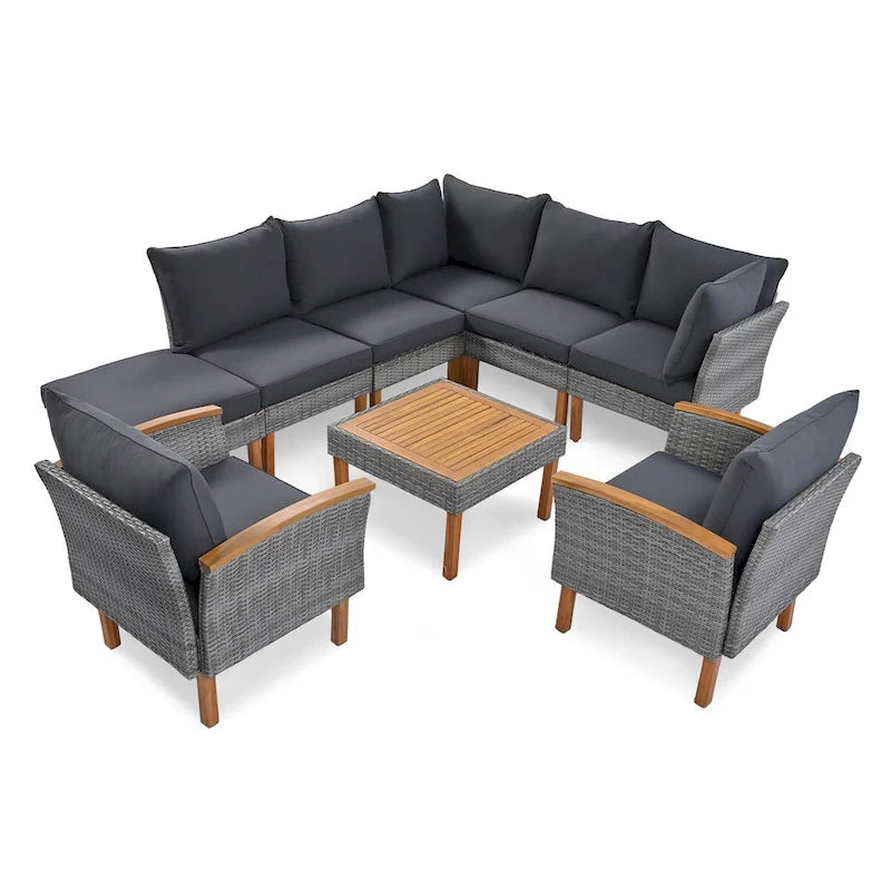 Ensemble de mobilier de jardin en rotin 9 pièces, pieds et plateau en bois d'acacia, rotin PE, table basse, coussin lavable