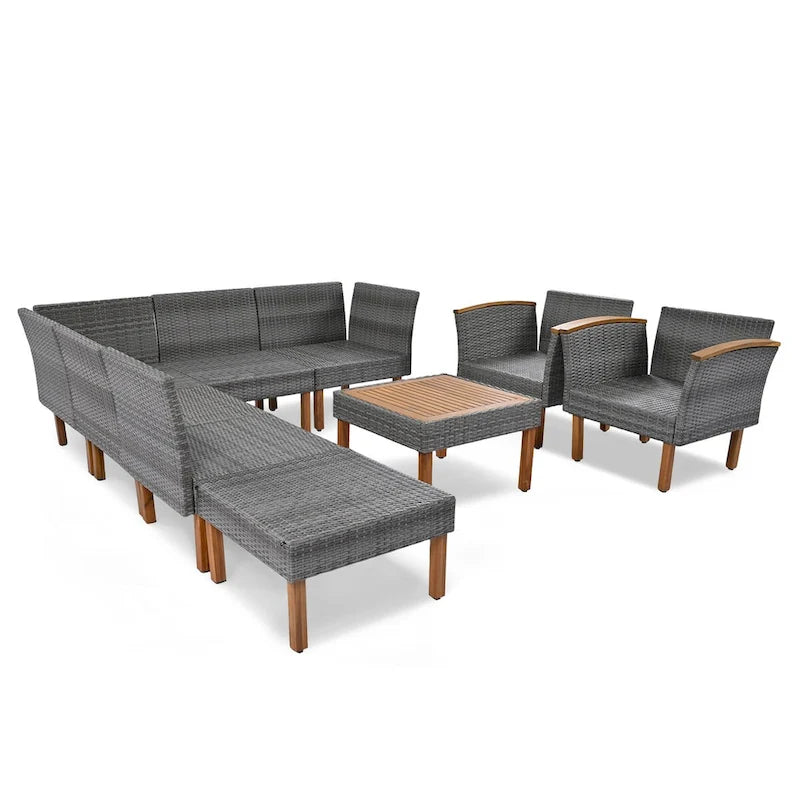 Ensemble de mobilier de jardin en rotin 9 pièces, pieds et plateau en bois d'acacia, rotin PE, table basse, coussin lavable