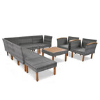 Ensemble de mobilier de jardin en rotin 9 pièces, pieds et plateau en bois d'acacia, rotin PE, table basse, coussin lavable