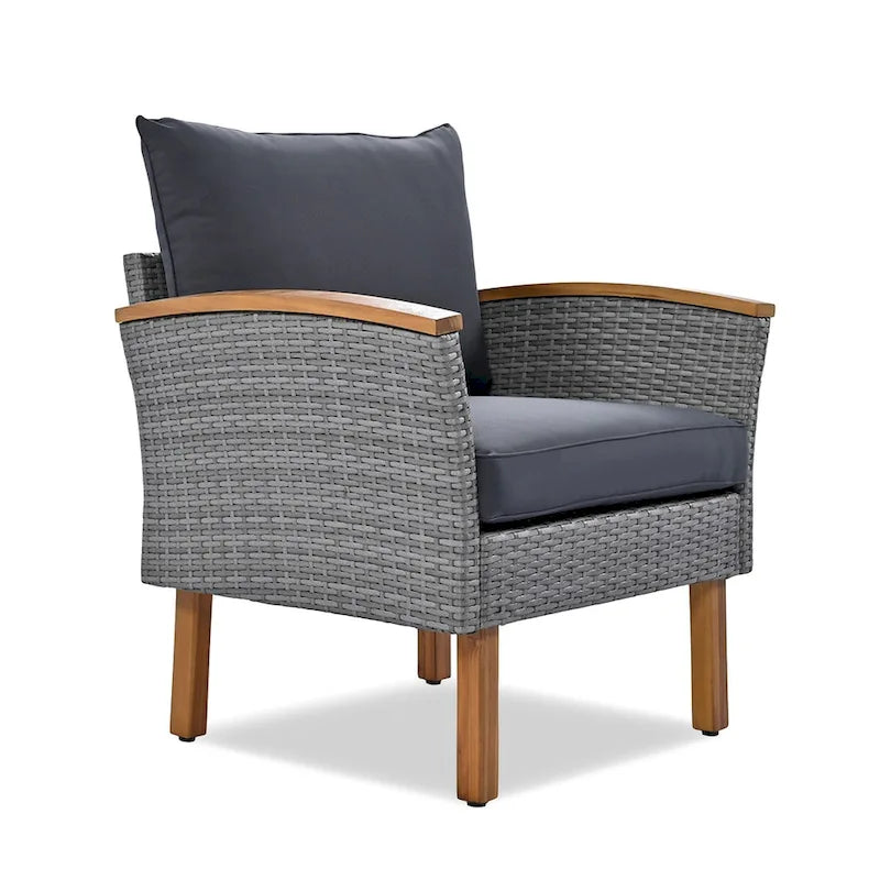 Ensemble de mobilier de jardin en rotin 9 pièces, pieds et plateau en bois d'acacia, rotin PE, table basse, coussin lavable