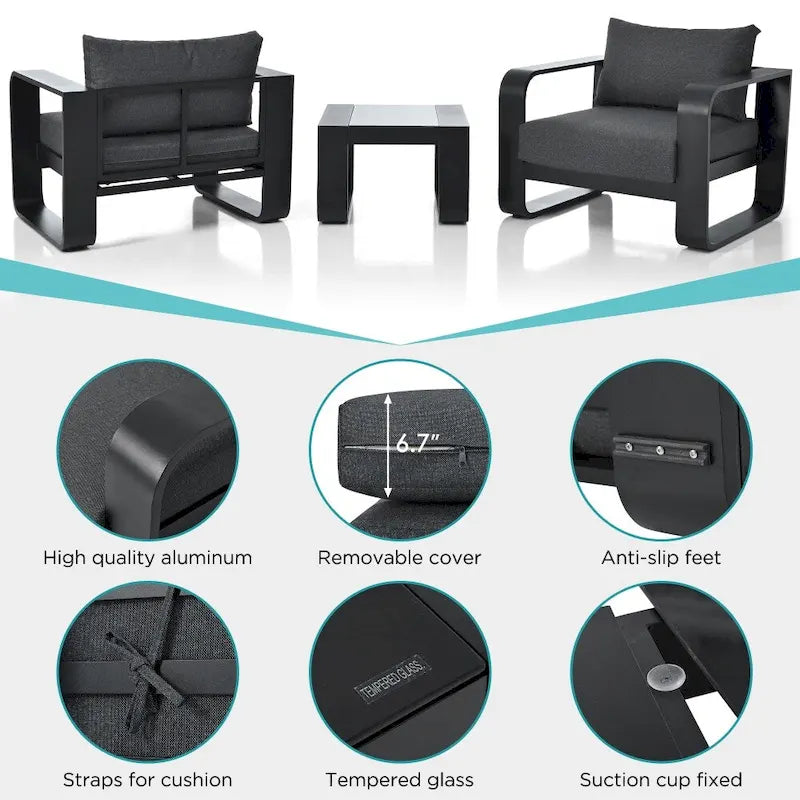 Ensemble de meubles de patio 3 pièces en aluminium avec coussins et table basse