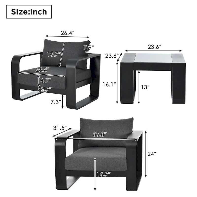 Ensemble de meubles de patio 3 pièces en aluminium avec coussins et table basse