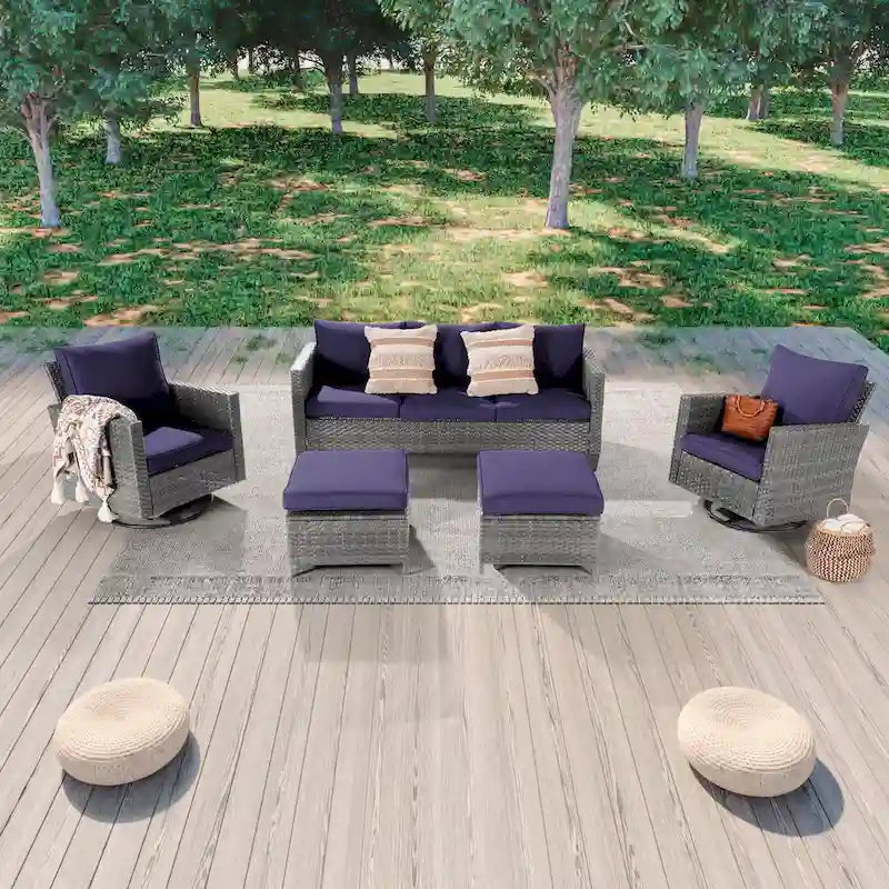 LIVOOSUN 5Pcs Patio Gray Rattan Outdoor Furniture Swivel Rocking Sofa Set