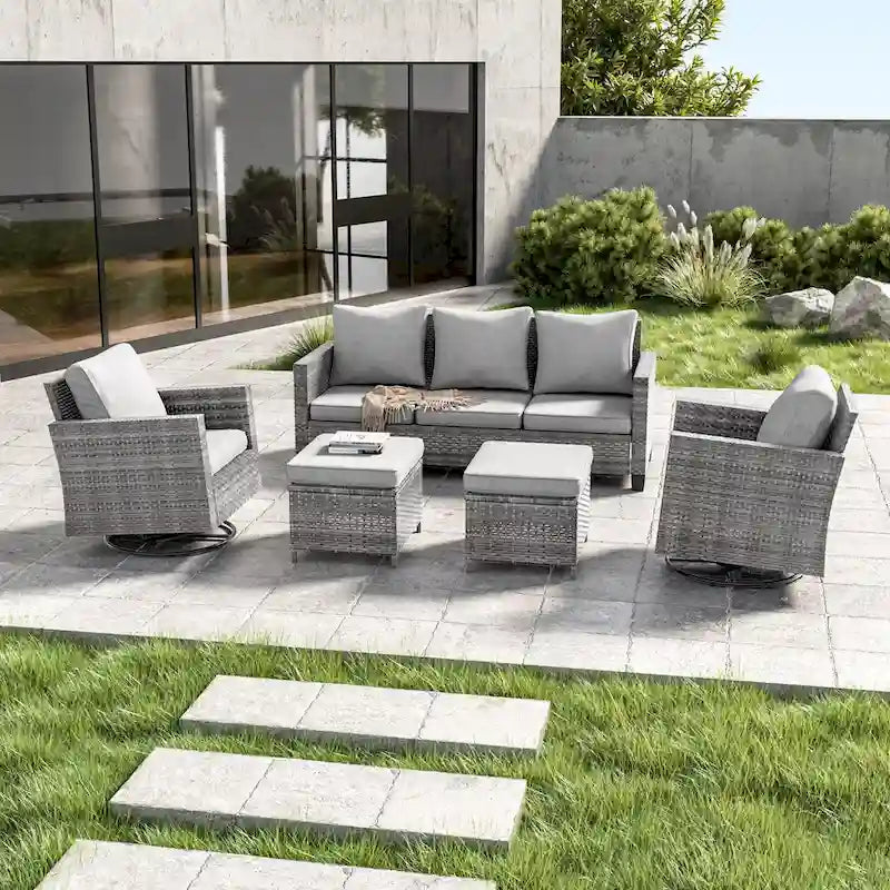 LIVOOSUN Ensemble de 5 meubles de patio en rotin gris, canapé basculant pivotant d'extérieur