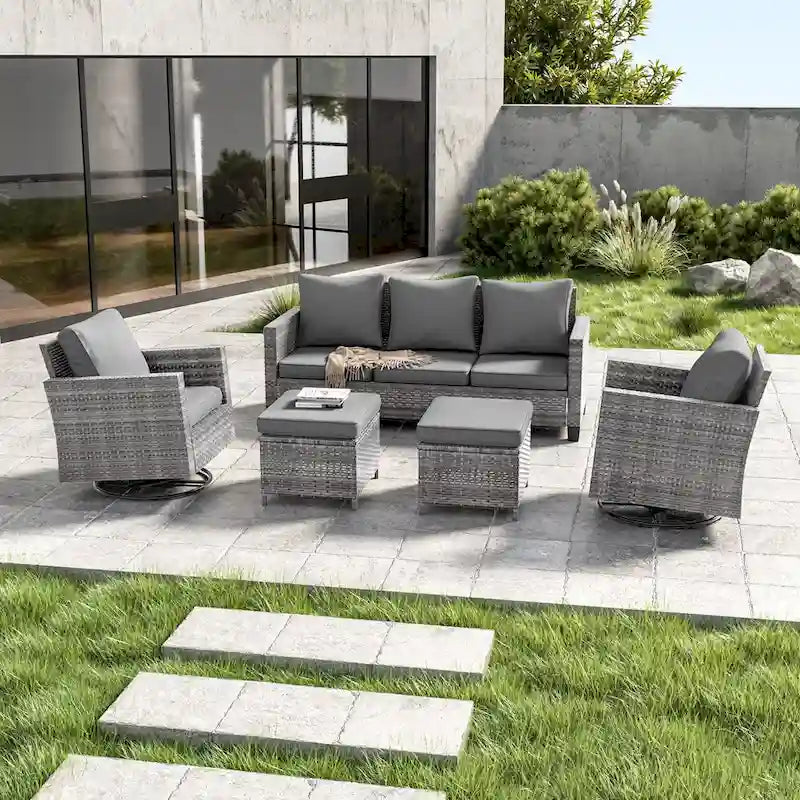 LIVOOSUN Ensemble de 5 meubles de patio en rotin gris, canapé basculant pivotant d'extérieur