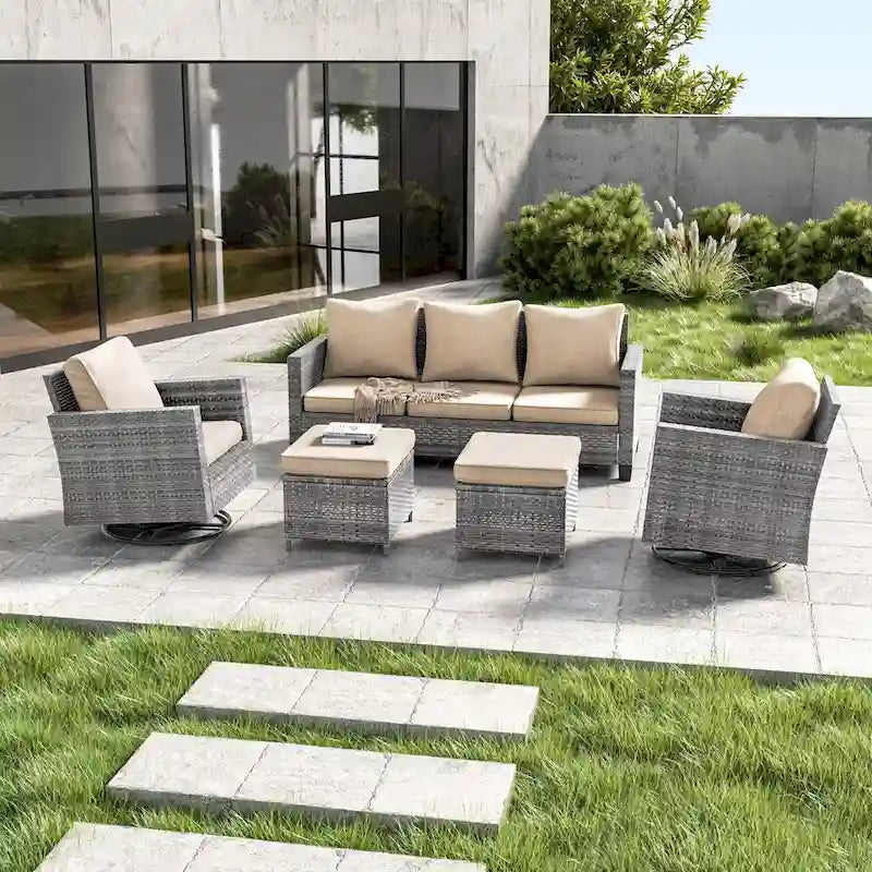 LIVOOSUN Ensemble de 5 meubles de patio en rotin gris, canapé basculant pivotant d'extérieur