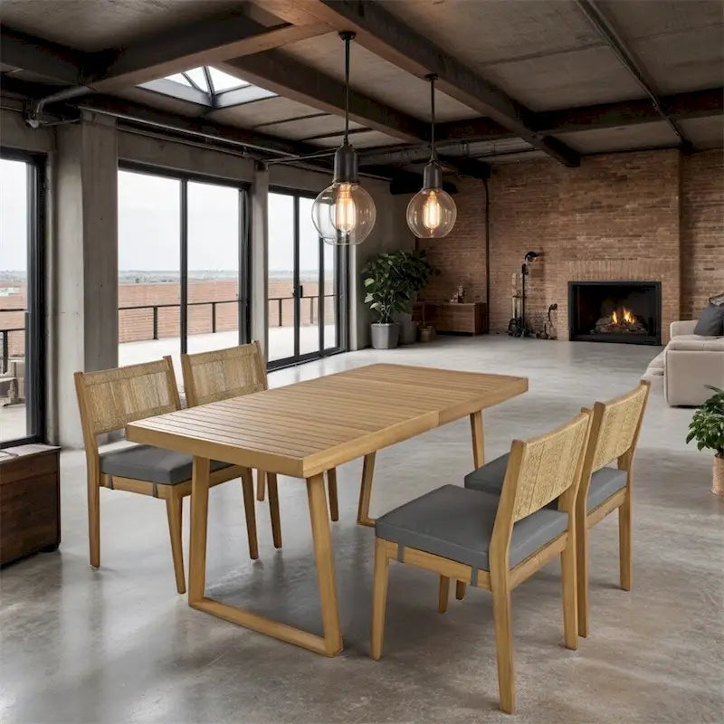 Ensemble de 5 pièces de table et chaises d'extérieur en bois d'acacia avec coussins épais