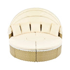 Ensemble de canapé d'angle rond d'extérieur en rotin avec lit de jour, canapé de soleil avec auvent rétractable, tissage bicolore, sièges séparés