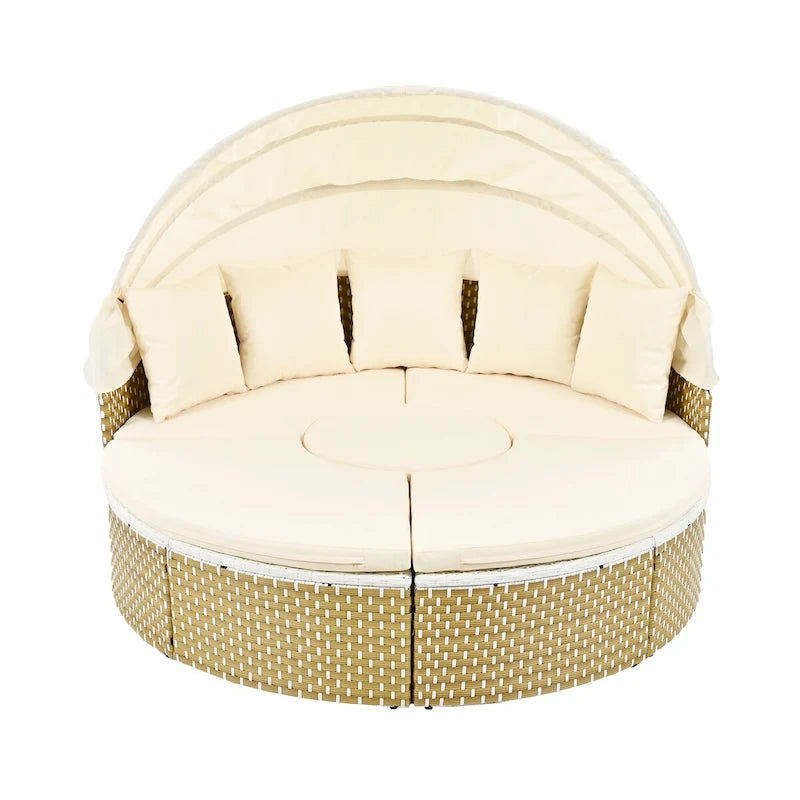 Ensemble de canapé d'angle rond d'extérieur en rotin avec lit de jour, canapé de soleil avec auvent rétractable, tissage bicolore, sièges séparés