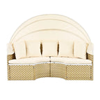 Ensemble de canapé d'angle rond d'extérieur en rotin avec lit de jour, canapé de soleil avec auvent rétractable, tissage bicolore, sièges séparés