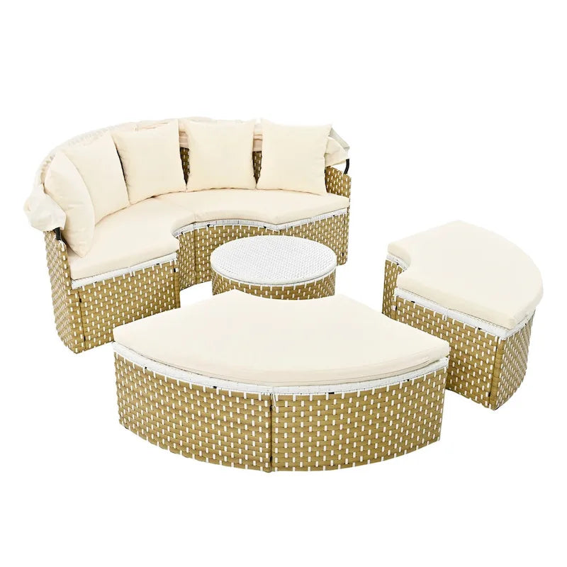 Ensemble de canapé d'angle rond d'extérieur en rotin avec lit de jour, canapé de soleil avec auvent rétractable, tissage bicolore, sièges séparés