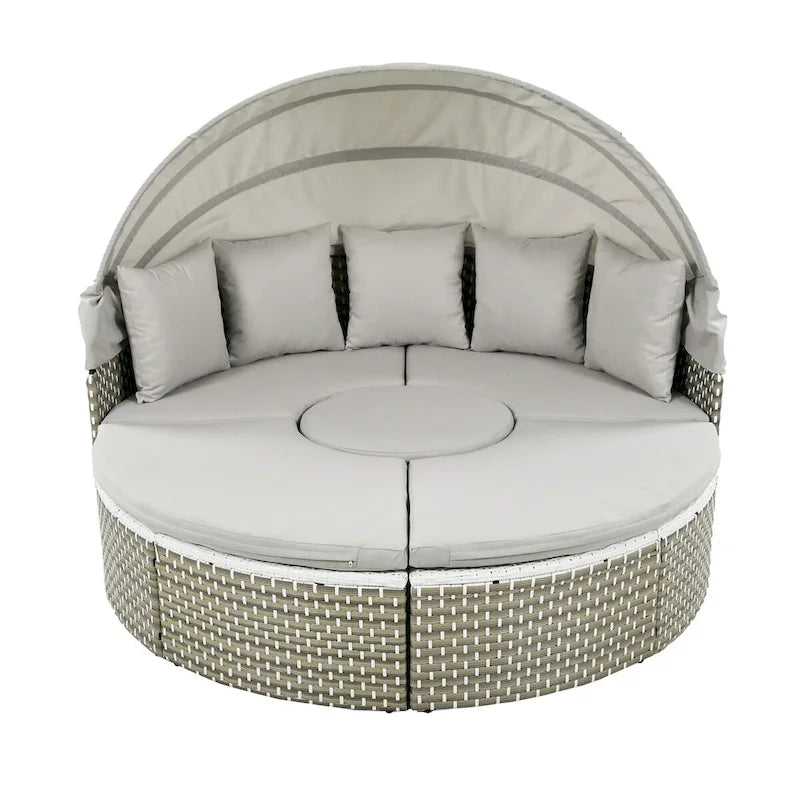 Ensemble de canapé d'angle rond d'extérieur en rotin avec lit de jour, canapé de soleil avec auvent rétractable, tissage bicolore, sièges séparés