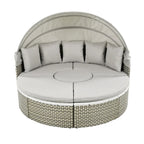 Ensemble de canapé d'angle rond d'extérieur en rotin avec lit de jour, canapé de soleil avec auvent rétractable, tissage bicolore, sièges séparés