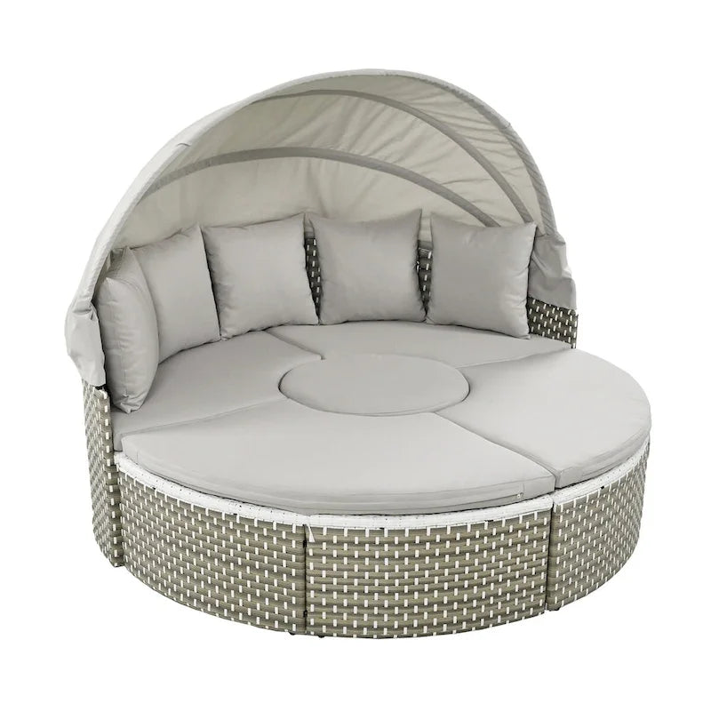 Ensemble de canapé d'angle rond d'extérieur en rotin avec lit de jour, canapé de soleil avec auvent rétractable, tissage bicolore, sièges séparés