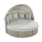 Ensemble de canapé d'angle rond d'extérieur en rotin avec lit de jour, canapé de soleil avec auvent rétractable, tissage bicolore, sièges séparés