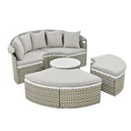Ensemble de canapé d'angle rond d'extérieur en rotin avec lit de jour, canapé de soleil avec auvent rétractable, tissage bicolore, sièges séparés