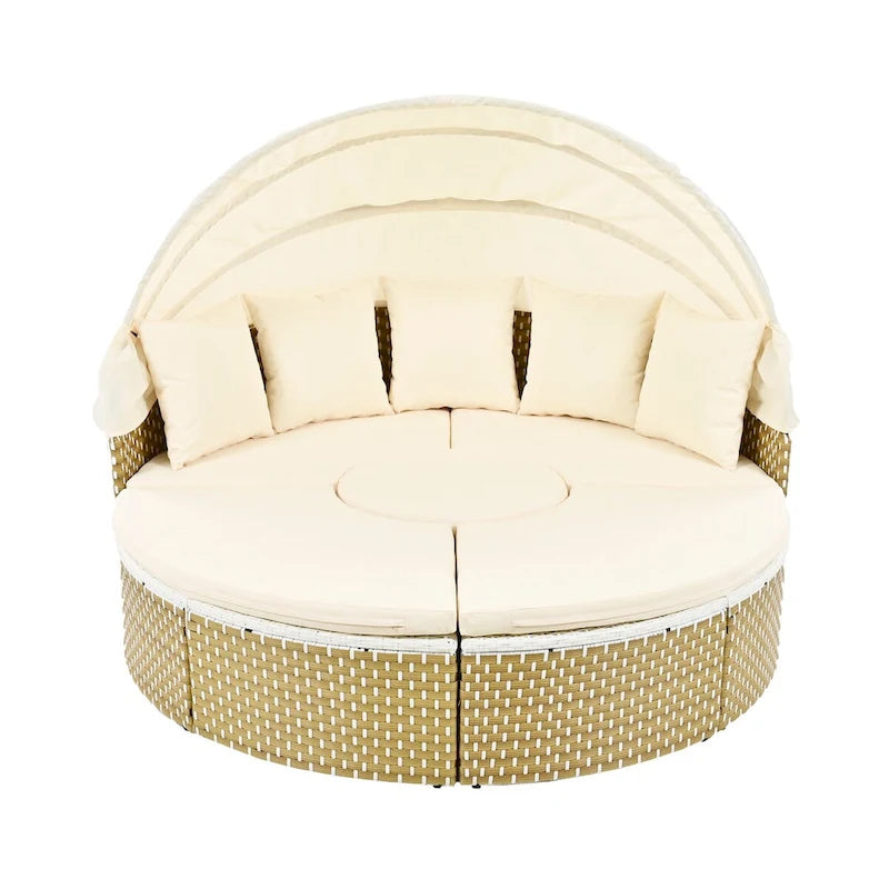 Ensemble de canapé d'angle rond d'extérieur en rotin avec lit de jour, canapé de soleil avec auvent rétractable, tissage bicolore, sièges séparés