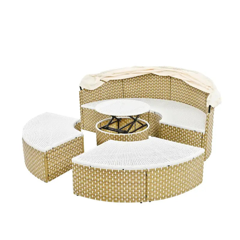 Ensemble de canapé d'angle rond d'extérieur en rotin avec lit de jour, canapé de soleil avec auvent rétractable, tissage bicolore, sièges séparés