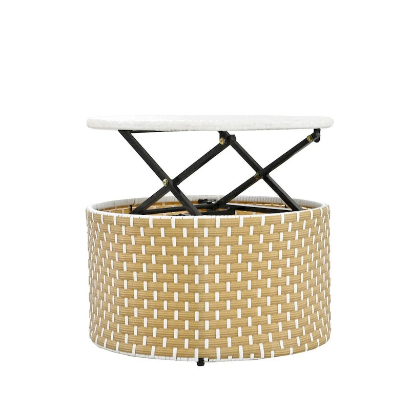 Ensemble de canapé d'angle rond d'extérieur en rotin avec lit de jour, canapé de soleil avec auvent rétractable, tissage bicolore, sièges séparés