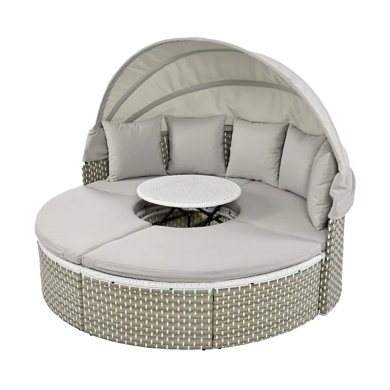 Ensemble de canapé d'angle rond d'extérieur en rotin avec lit de jour, canapé de soleil avec auvent rétractable, tissage bicolore, sièges séparés