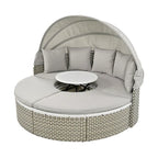 Ensemble de canapé d'angle rond d'extérieur en rotin avec lit de jour, canapé de soleil avec auvent rétractable, tissage bicolore, sièges séparés