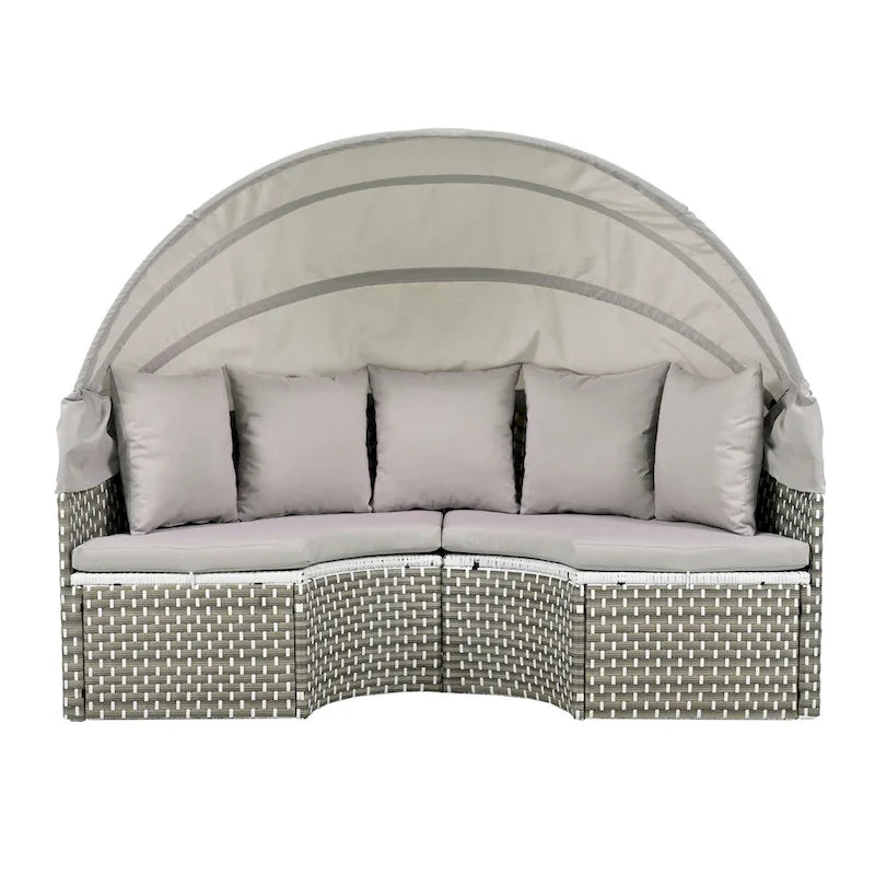 Ensemble de canapé d'angle rond d'extérieur en rotin avec lit de jour, canapé de soleil avec auvent rétractable, tissage bicolore, sièges séparés