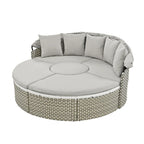 Ensemble de canapé d'angle rond d'extérieur en rotin avec lit de jour, canapé de soleil avec auvent rétractable, tissage bicolore, sièges séparés