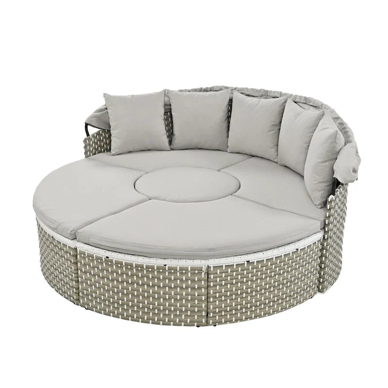 Ensemble de canapé d'angle rond d'extérieur en rotin avec lit de jour, canapé de soleil avec auvent rétractable, tissage bicolore, sièges séparés