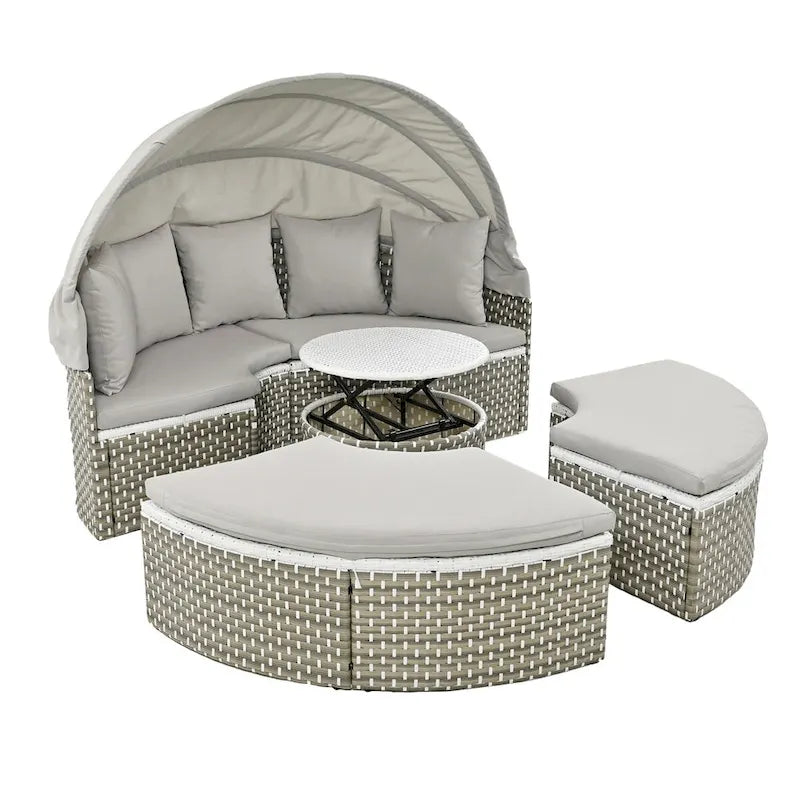 Ensemble de canapé d'angle rond d'extérieur en rotin avec lit de jour, canapé de soleil avec auvent rétractable, tissage bicolore, sièges séparés