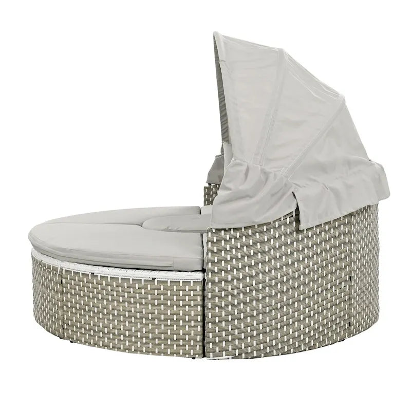 Ensemble de canapé d'angle rond d'extérieur en rotin avec lit de jour, canapé de soleil avec auvent rétractable, tissage bicolore, sièges séparés