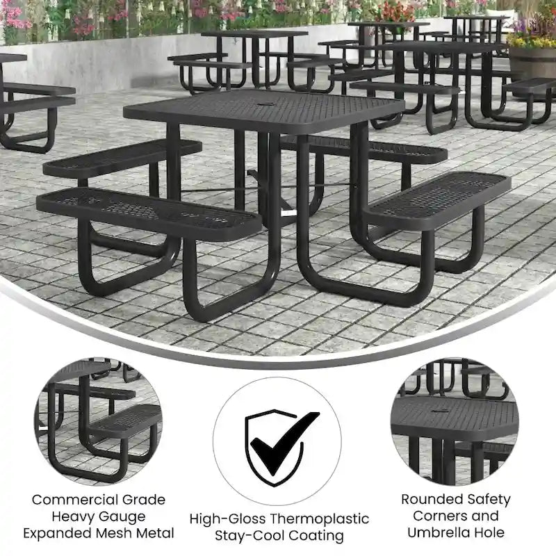 Table de pique-nique extérieure en métal déployé de qualité commerciale avec ancres – 79,75 P x 79,75 L x 28,75 H