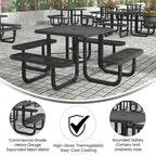 Table de pique-nique extérieure en métal déployé de qualité commerciale avec ancres – 79,75 P x 79,75 L x 28,75 H