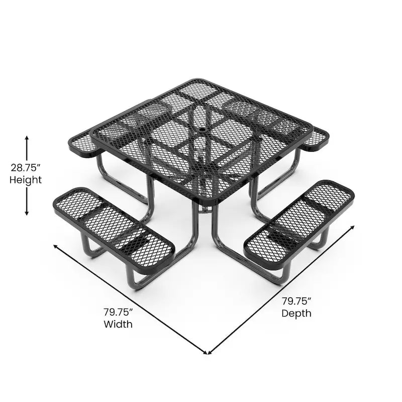 Table de pique-nique extérieure en métal déployé de qualité commerciale avec ancres – 79,75 P x 79,75 L x 28,75 H