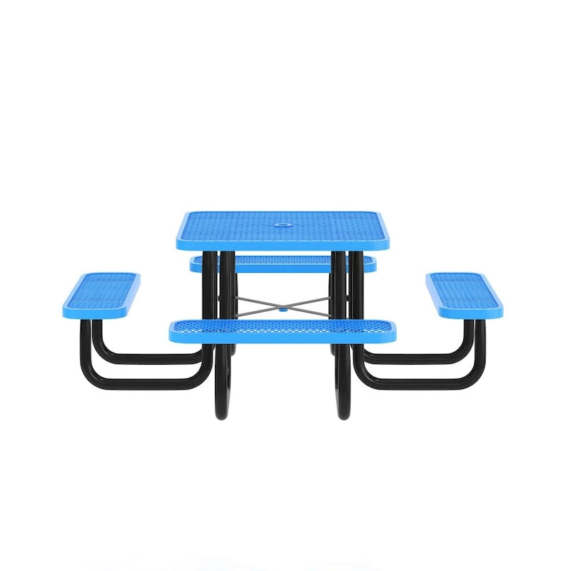 Table de pique-nique extérieure en métal déployé de qualité commerciale avec ancres – 79,75 P x 79,75 L x 28,75 H