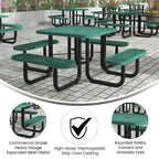 Table de pique-nique extérieure en métal déployé de qualité commerciale avec ancres – 79,75 P x 79,75 L x 28,75 H