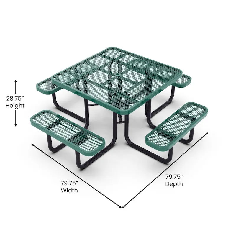 Table de pique-nique extérieure en métal déployé de qualité commerciale avec ancres – 79,75 P x 79,75 L x 28,75 H