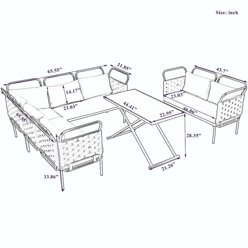 Ensemble de canapé d'angle moderne 5 pièces pour patio avec table en verre et coussins