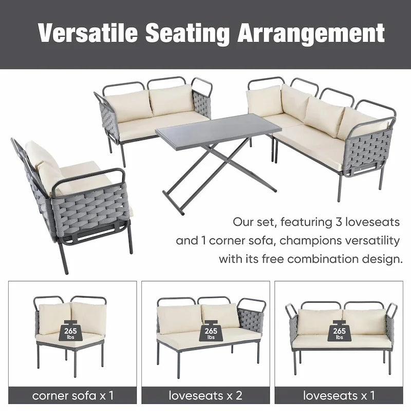 Ensemble de canapé d'angle moderne 5 pièces pour patio avec table en verre et coussins