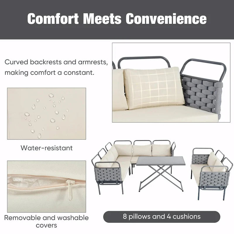 Ensemble de canapé d'angle moderne 5 pièces pour patio avec table en verre et coussins