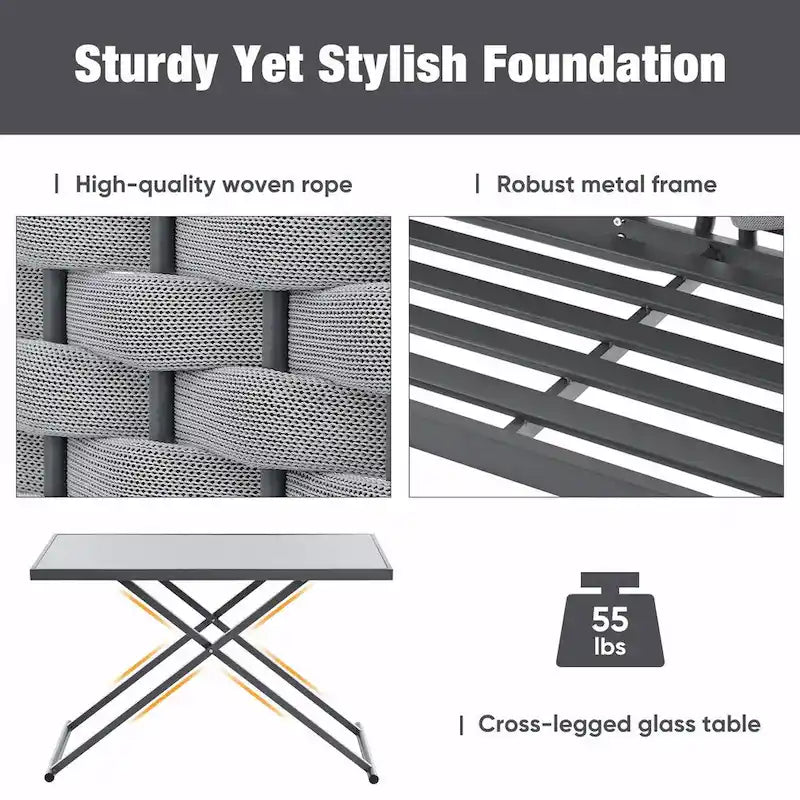 Ensemble de canapé d'angle moderne 5 pièces pour patio avec table en verre et coussins