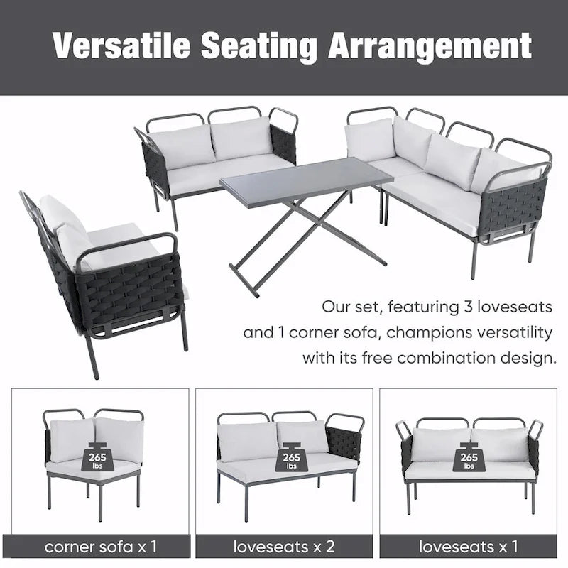 Ensemble de canapé d'angle moderne 5 pièces pour patio avec table en verre et coussins