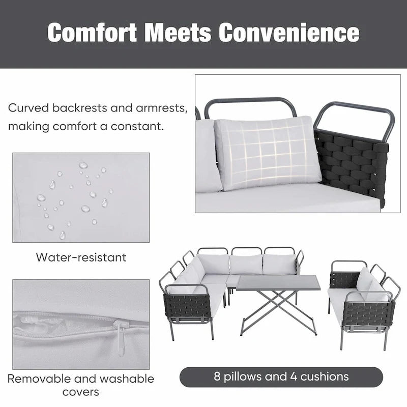 Ensemble de canapé d'angle moderne 5 pièces pour patio avec table en verre et coussins